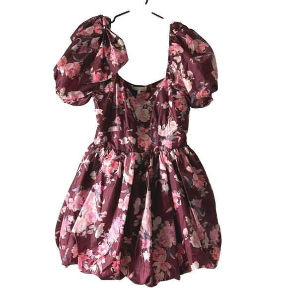 LoveShackFancy Dress Size 8 Hansel Oxblood Bubble Skirt Fitted Bodice Satin Bow - Picture 2 of 11